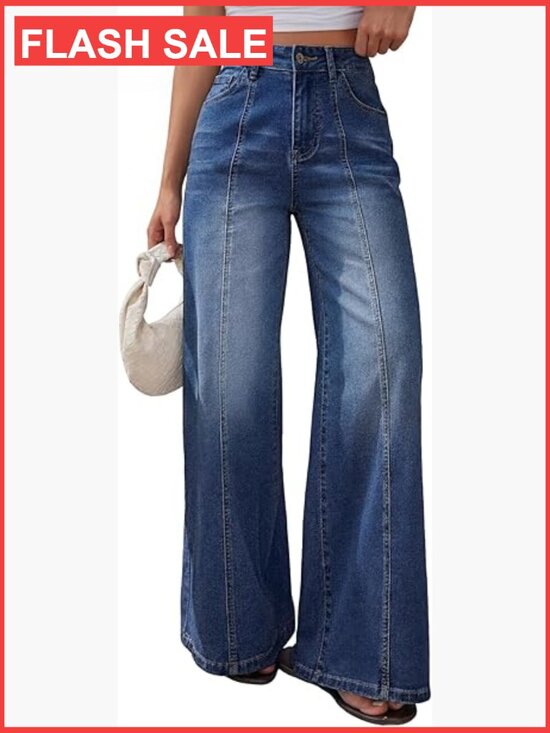 Denim - Wide Leg Baggy Jeans High Waisted Relaxed Fit Stretch Denim Front Seam